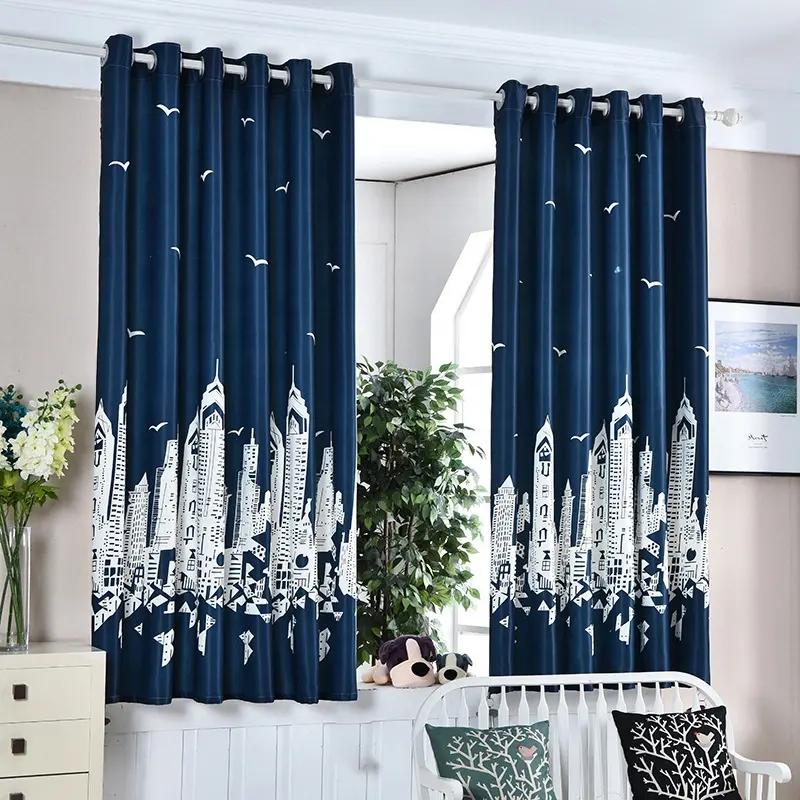 Cooling Custom Printed Navy Castle Short Bay Window Fabric Blackout Curtains Panels Drape for Nursery Room Small Curtain