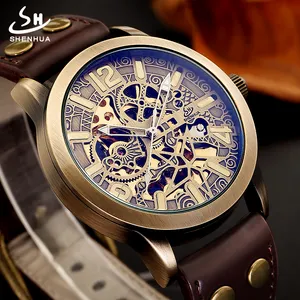 Shenhua 09 Mannen Automatische Mechanische Horloges Vintage Brons Skeleton Horloge Mannen Automatische Kronkelende Horloge