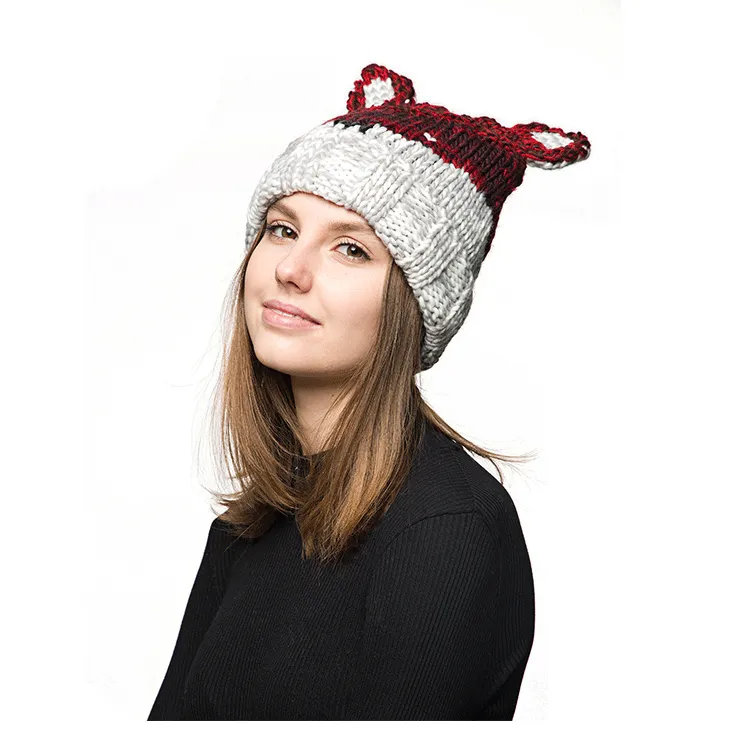 Personnalisé Femme Hiver Crochet Lapin Lapin Oreille Style Tricot tricoté Beanie Chapeau Avec Oreilles