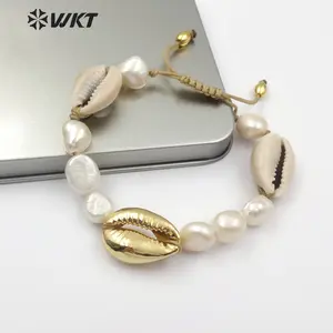 WT-B455 Gros Bijoux De Mode À La Main Naturel D'eau Douce Perle Bracelet Réglable Blanc Perle et Cauris Coquille Bracelets