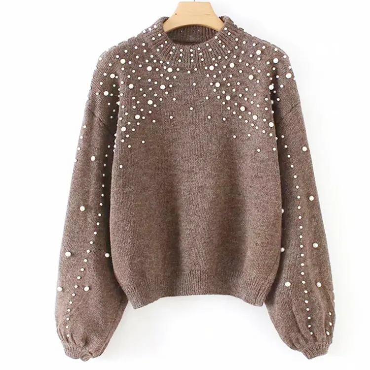 Christmas custom Solid color nailing bead knitted pullover women's sexy sweater with pearl knitwear women clothes tops