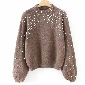 Weihnachten benutzer definierte einfarbige Nagel perle gestrickt Pullover Frauen sexy Pullover mit Perle Strickwaren Frauen Kleidung Tops