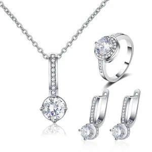 ZHILIAN 925 Sterling Silver CZ Wedding Ring Earring Necklace Women Bridal Jewelry Set