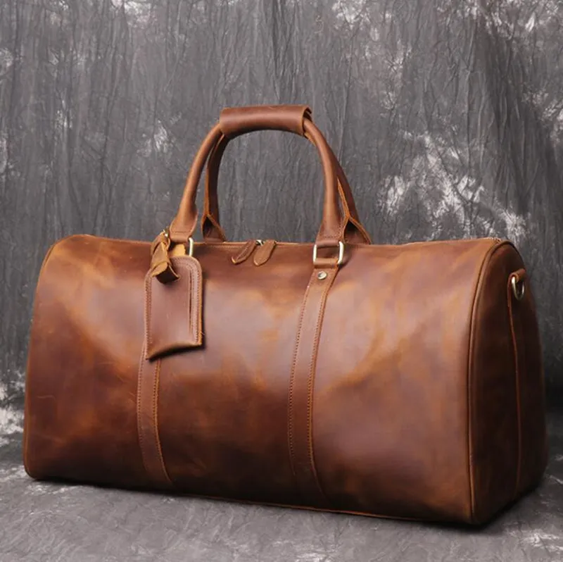Dreamtop DTG477 brown crazy horse leather weekender holdall OEM OEM men travel duffel bags with luggage strap