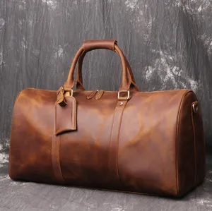 Dreamtop DTG477 Brown Crazy Horse Da Weekender Holdall OEM OEM Người Đàn Ông Du Lịch Túi Du Lịch Túi Xách Với Hành Lý Dây Đeo