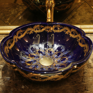 China pintura hecha a mano lavabo cuarto de baño buque se hunde contra superior en forma de flor de cristal azul patrón oro chino tazón fregadero - Product Image 4