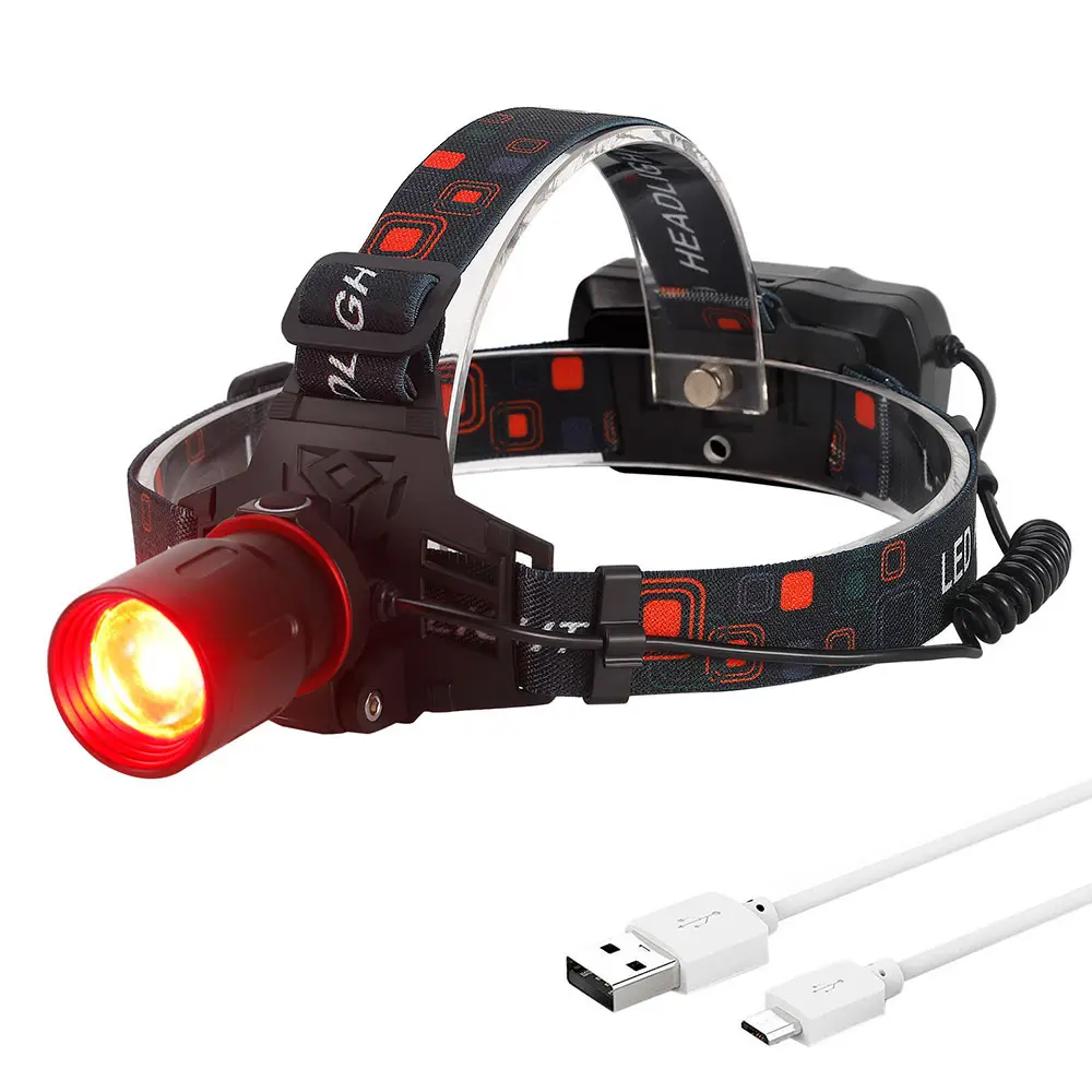 Amazon hot selling powerful red led rechargeable hunting headlight powered by two 18650 rechargeable battery for hunting