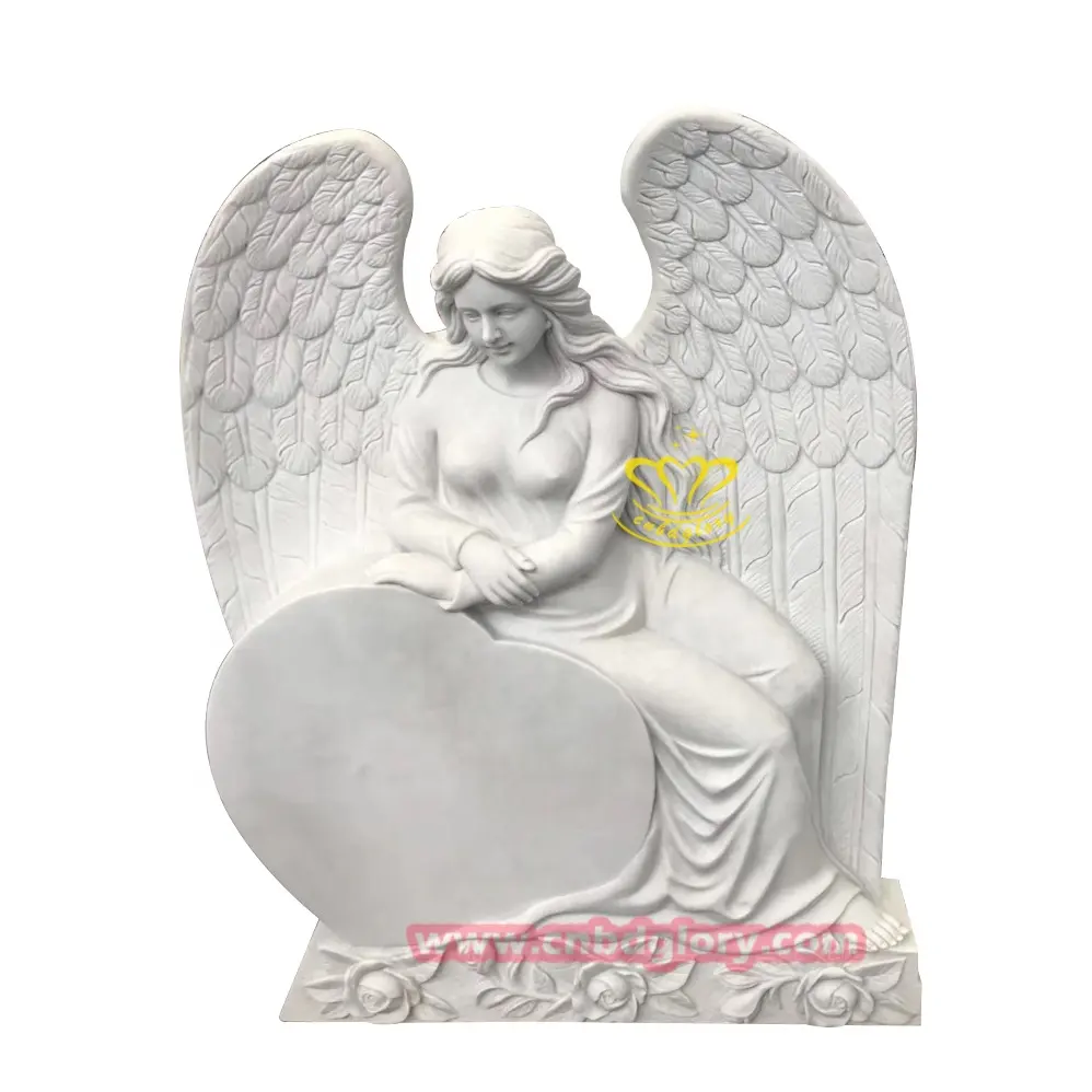 Cemetery White Marble Heart Shaped Angel Statues Tombstones