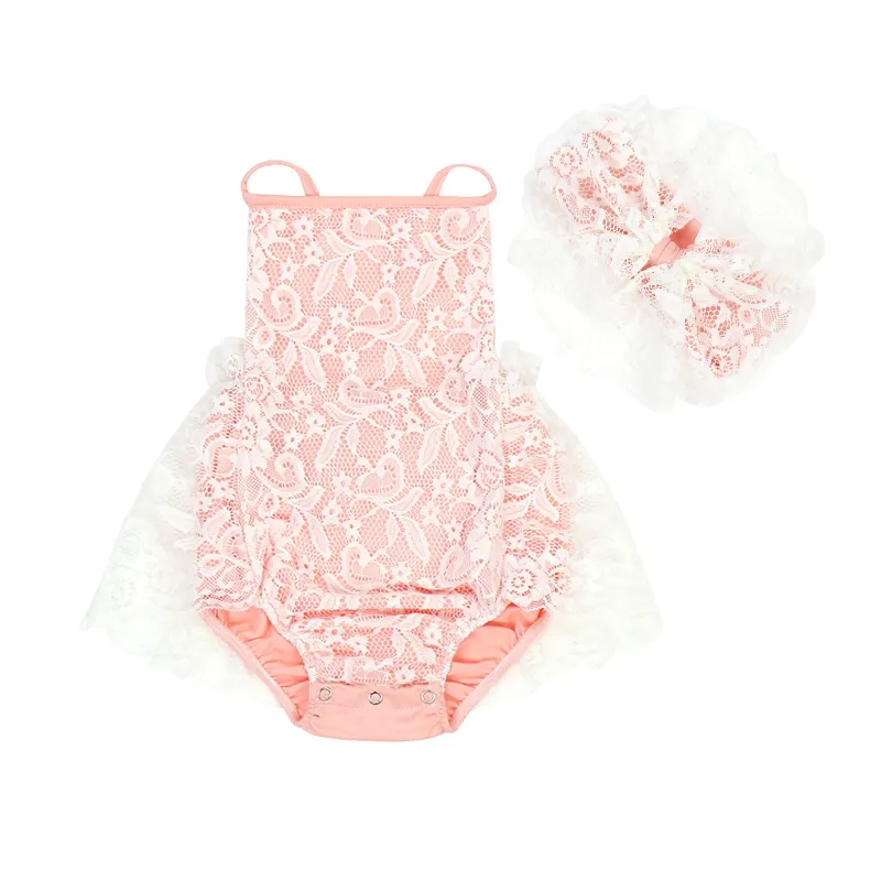 HY-032-YXG Newborn Baby Girl Infant Romper Peach Lace Ruffle Matchingヘッドバンド新生児服