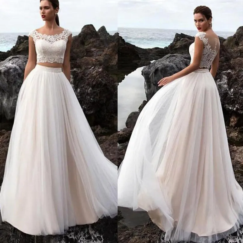 Scoop vestido de noiva de duas peças, branco a linha crop top praia suzhou