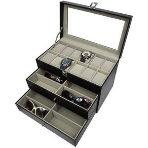 Boîte de rangement de lunettes de soleil, boîtier en cuir pu noir, accessoires de lunettes, présentoir mallette de rangement, organisateur garde 12 lunettes et 12 montres - Product Image 1