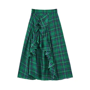 Spring 2023 New Arrivals Women Dresses Big Swing Mid-length Slim Irregular High Waist Plaid Skirt For Women