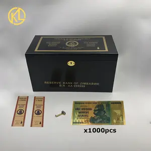 1000 Stück Langlebiges UV-Licht Blau Simbabwe Hundert Billionen Dollar Gold Banknoten in schwarzer Holzkiste von fedex