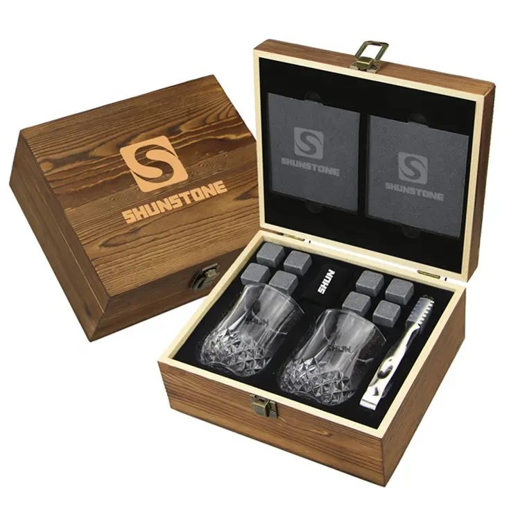 Whisky Stones Glas Geschenkset Holzkiste 2 Große Kristall Trinkgläser 8 Granit Stein Eis felsen Perfekte Geschenke für Männer