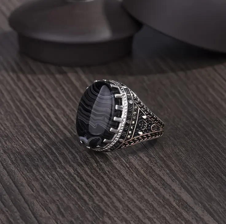 Bague en pierre d'onyx noir pour homme en argent sterling 925 personnalisé