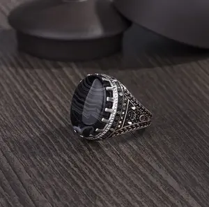 Bague en pierre d'onyx noir pour homme en argent sterling 925 personnalisé