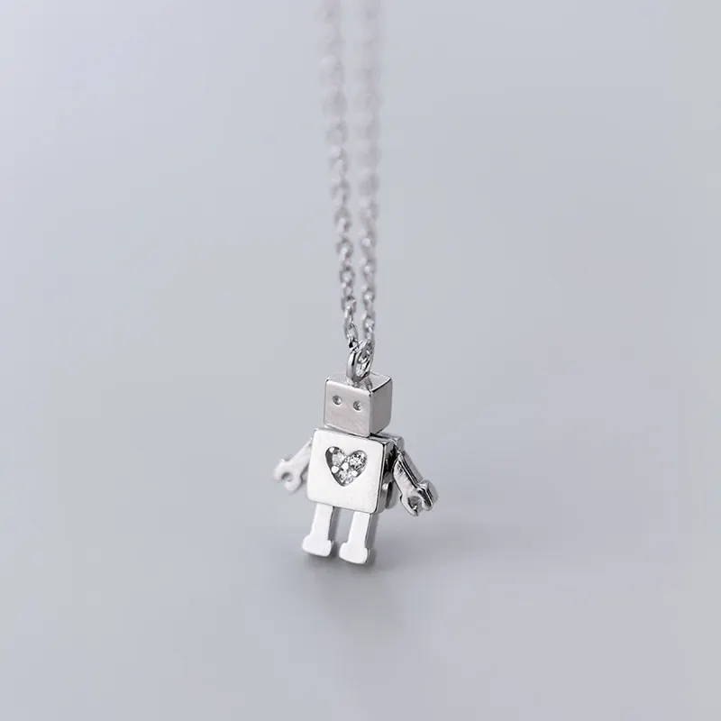 New Creation CZ Zircon Charm Robot Sterling Silver 925 Pendant Necklaces