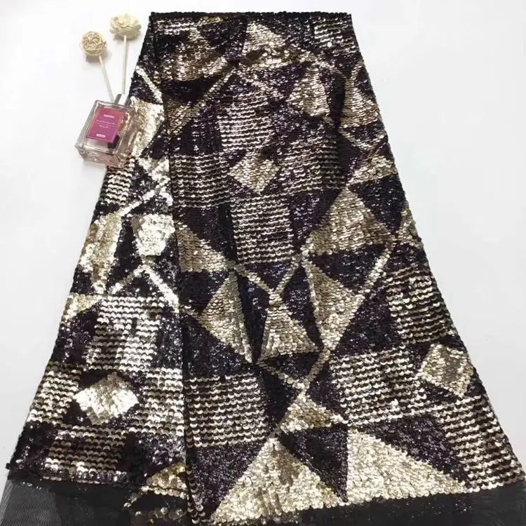 Nieuwe mode haute couture sequin lace stof goud guipurekant sequence saree grenzen