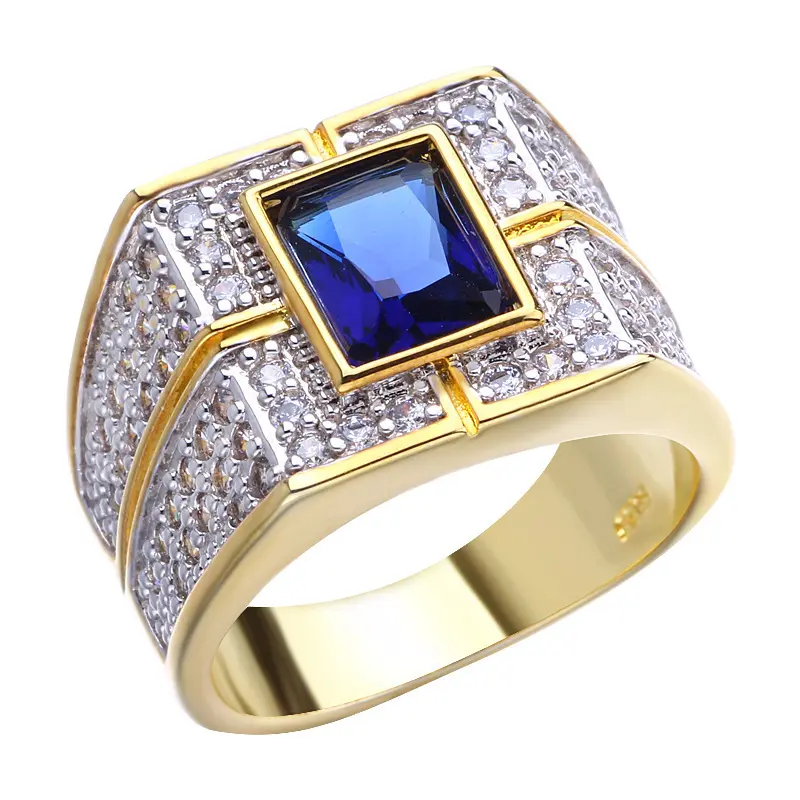 Luxury Blue Gemstone Rhinestone Gold Wedding Ring Male Full Diamond Rings For Men Party Jewelry XEYMJZ041