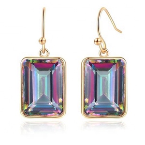 925 Sterling Silver <strong>Emerald</strong> Cut Yellow Gold Plated Mystic Topaz <strong>Drop</strong> <strong>Earring</strong> - Product Image 1