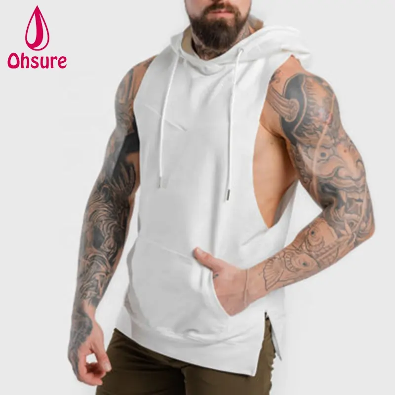 100% cotton workout gym men's vest with hood gym fitness sleeveless hoodie