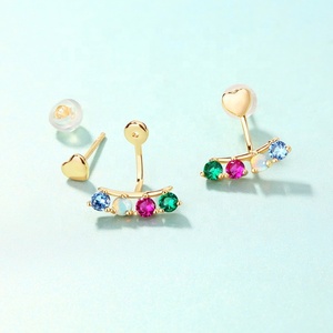 925 Sterling Silver Gold Vermeil Opal rainbow CZ Heart <strong>Front</strong> <strong>Back</strong> Ear Jackets <strong>Earrings</strong> - Product Image 3