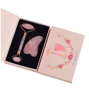 Gua sha-caja personalizada de cuarzo rosa natural, rodillo de jade de cuarzo rosa 100%, juego para cara