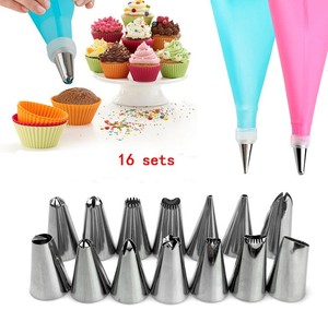 16 قطعة DIY سيليكون الجليد الأنابيب كريم كيس المعجنات + 14 قطعة الفولاذ المقاوم للصدأ فوهة المعجنات نصائح + محول DIY الضغط كعكة تزيين إلى - Product Image 1