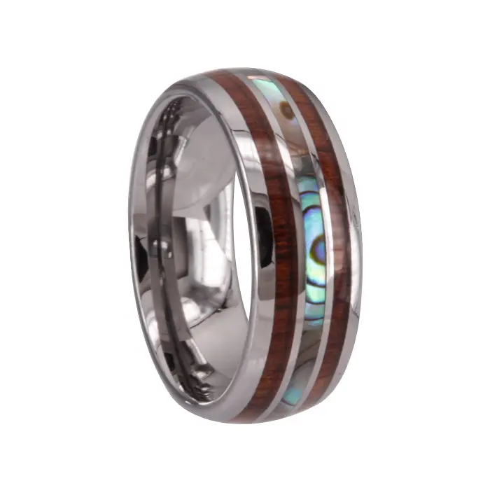 CHENG JEWELERS WHOLESALES 8mm dome shape high polished men abalone and koa wood tungsten ring