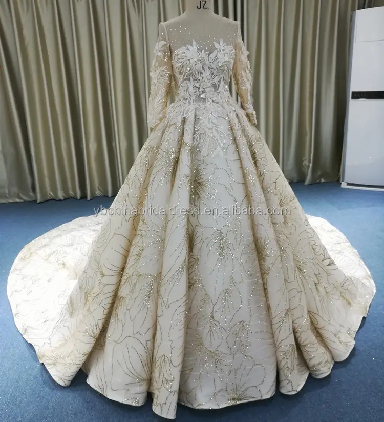 Flower pattern with glad shiny sequin and 3D lace on bodice 3/4 sleeves bridal gowns wedding dress ball