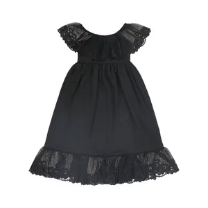 Abito Lungo Nero per Bambine, Vestito da Festa Monospalla con Balze e Pizzo, Abito da Principessa per Bambine - Product Image 1