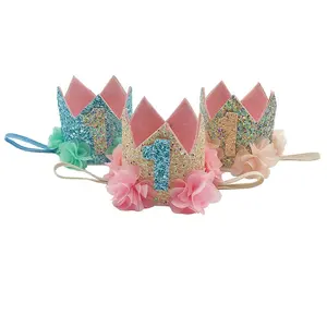 Genya lantejoulas tiaras para festa de bebê, hairbnd com flores, glitter, coroa de aniversário para crianças