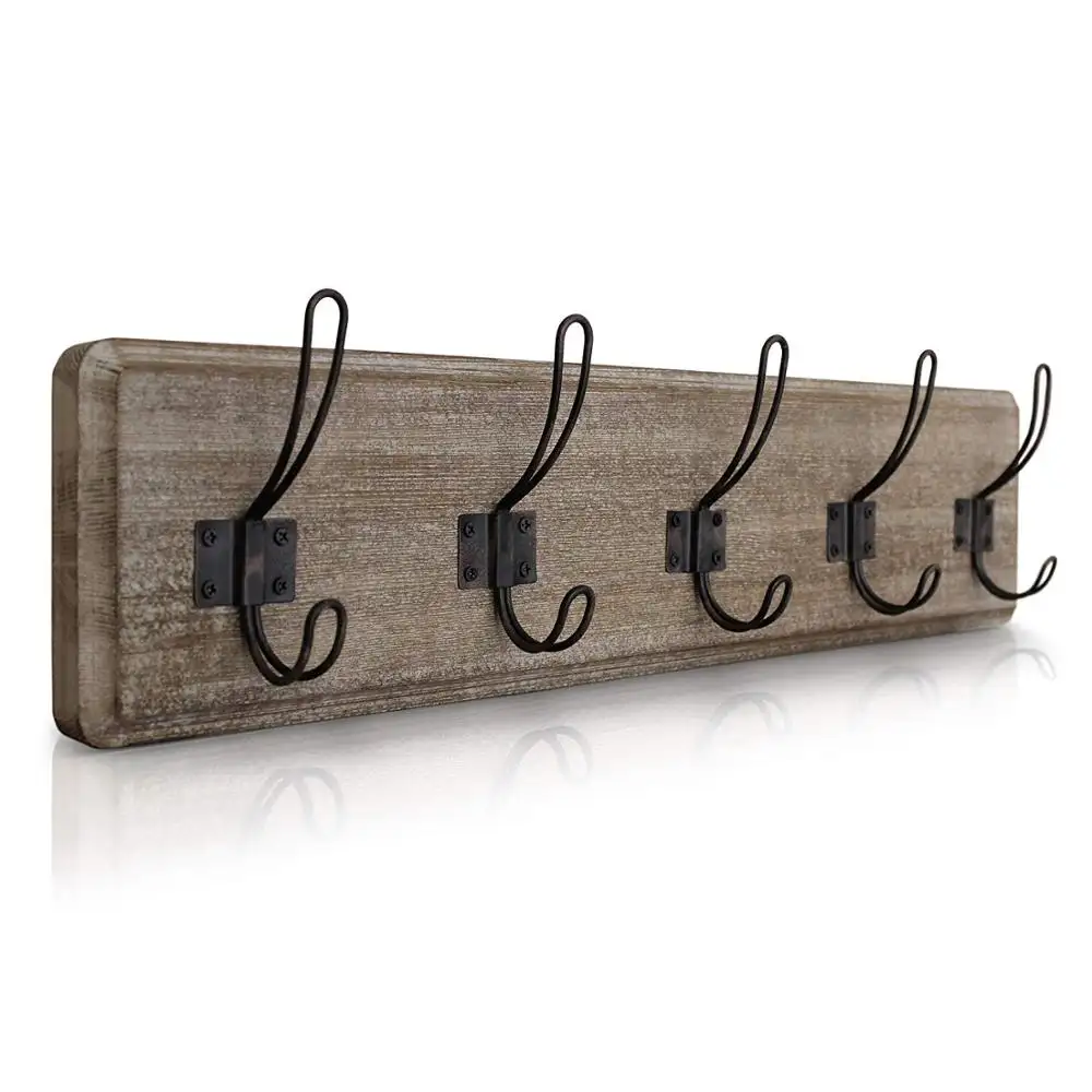 24 "สีน้ำตาล Rustic Antique Entryway ติดผนังไม้ Coat Hooks