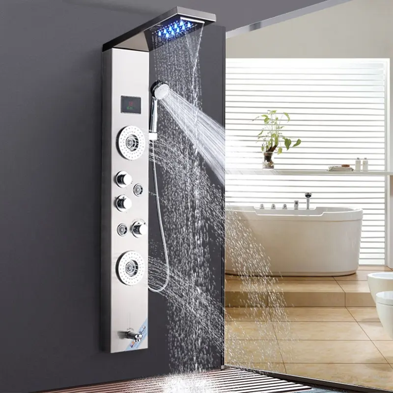 Yizon Gebürstet Nickel Dusche Spalte Panel Wand Halterung Massage Jets Para Bad Dusche Douche Digital Display LED Dusche Kopf