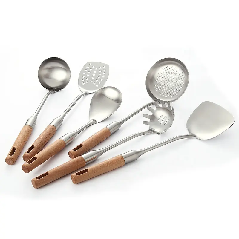 Wooden Handle Stainless Steel Kitchen Accessories Utensil Cooking Set with Spoon Turner Spatula for Home Supermarket