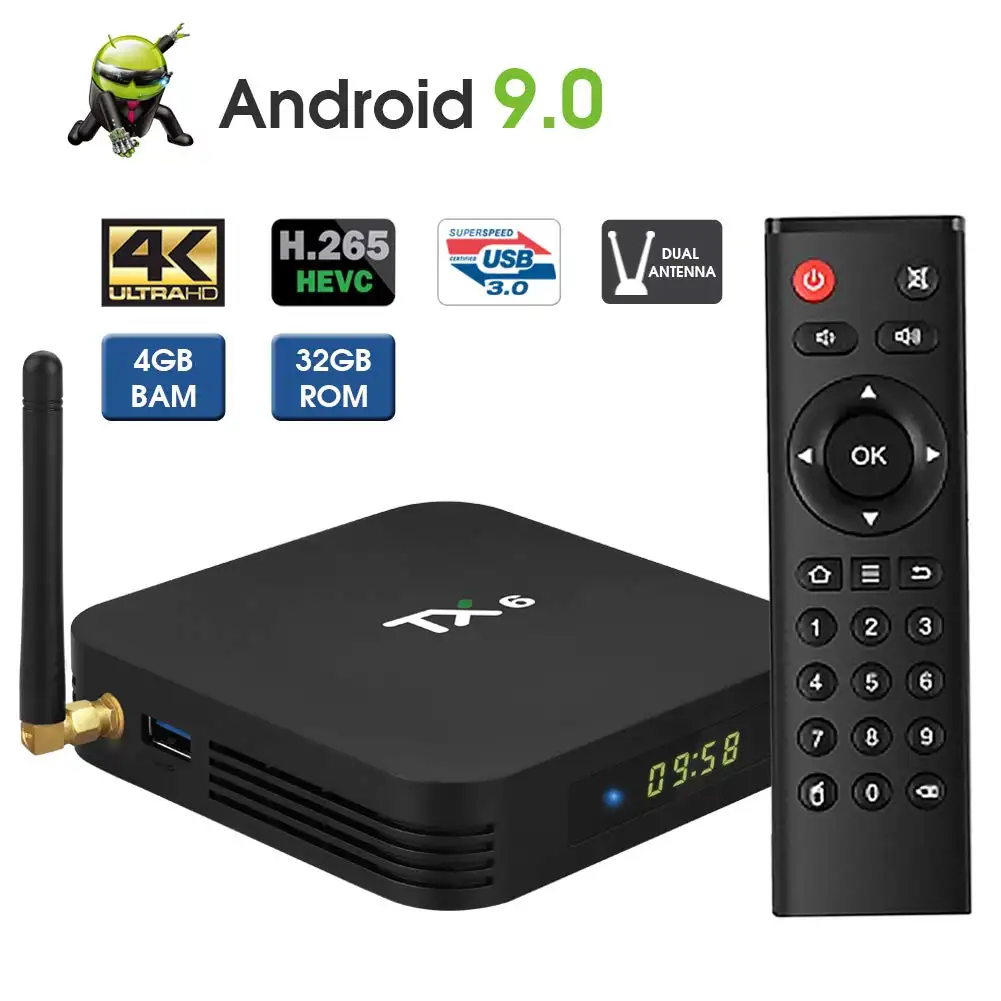 TANIX TX6 H6 TV BoX Android 9.0, TV BoX 4GB DDR3 ROM 32GB BT5.0 Dual WiFi 2.4G + 5G Quad Core 1080P 4K HDR