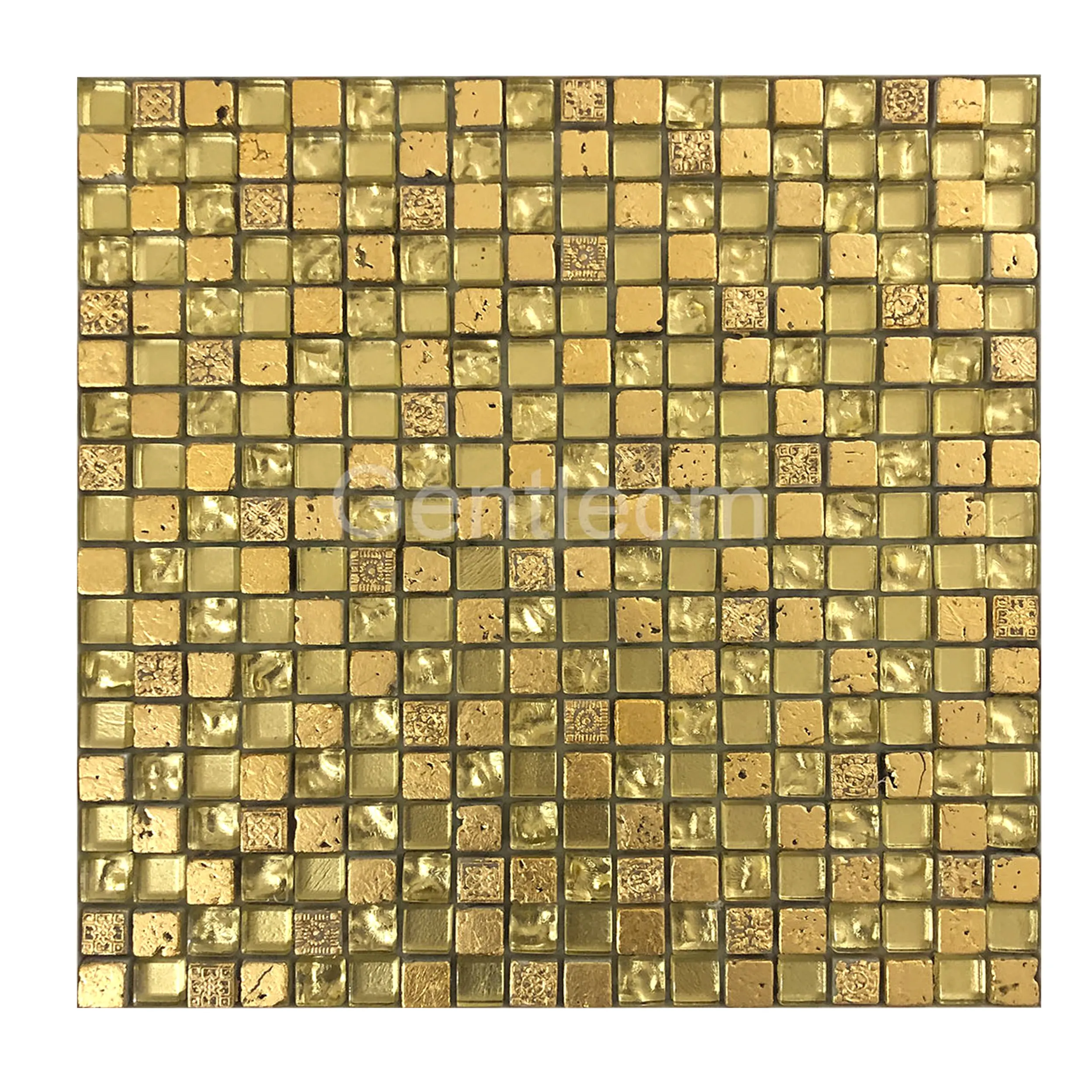 Glass Mosaic Wall Tile Kitchen Wall Decor Luxury 8mm Small Square Gold Foil Carving Pattern Resin Mix Glass Mosaic Tile