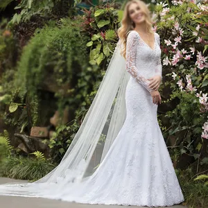 Gerçek fotoğraf dantel düğün elbisesi güzel gelinlikler ile gelin Vei uzun kollu gelin elbiseleri Mermaid düğün elbisesi es