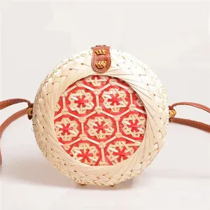 Bali Rattan Round Straw Bag With Long Strap Bohemian Women Retro Summer Beach Shoulder Bag Handmade Colorful Handbag Woven Bag