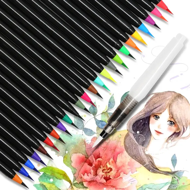 Profesyonel tedarikçi 24 renkler 1mm naylon ucu resim kalemi suluboya fırçası kalem yumuşak esnek İpucu ile boyama