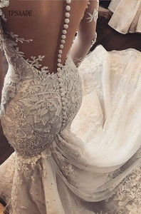 Vintage Sexy nuovo Design a manica lunga con applicazioni in pizzo a sirena abito da sposa con paillettes e perline in Tulle trasparente bottoni posteriori abito da sposa 2025 - Product Image 5
