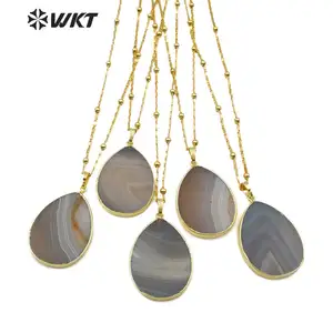 WT-N1151 al por mayor forma de lágrima Colgante de Piedra con bisel de oro para las mujeres joyería elegante Natural Grey de ágatas collar
