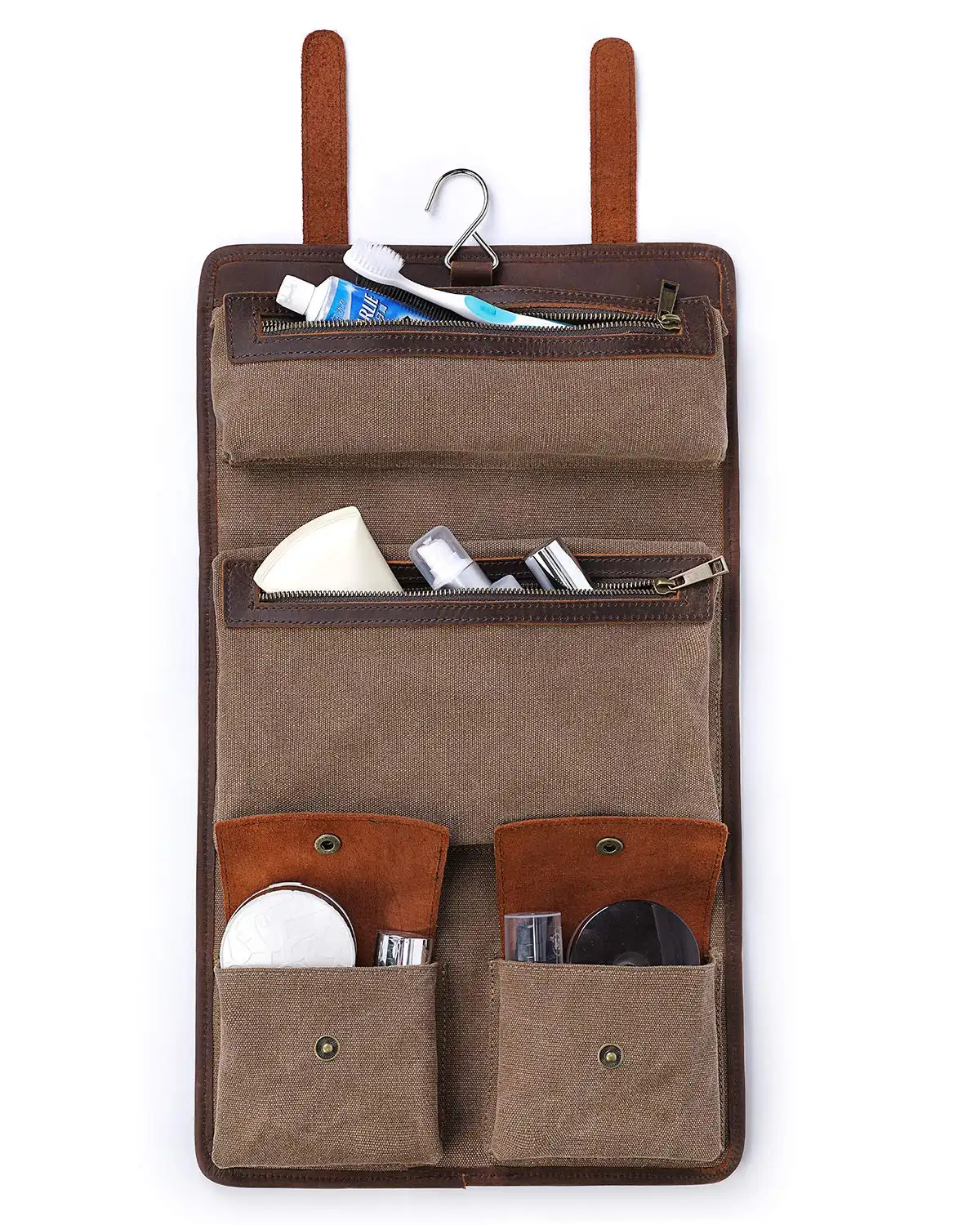 In Voorraad Mannen En Vrouwen Opvouwbaar Leather Organizer Bag Heavy Duty Canvas Waterdichte Opknoping Travel Toilettas