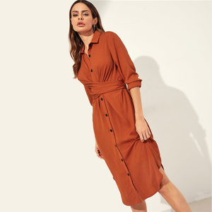Abito Camicia <span class=keywords><strong>Arancione</strong></span> con Nodo sulla Schiena e Orlo Curvo, <span class=keywords><strong>Vestito</strong></span> da Ufficio a <span class=keywords><strong>Maniche</strong></span> <span class=keywords><strong>Lunghe</strong></span> per Donne, Elegante Abito Midi Femminile - Product Image 2