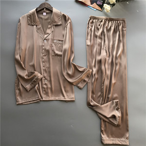 Personale Su Misura marchio del ricamo di nuovo del progettista di colore solido pulsante man giù pj <span class=keywords><strong>set</strong></span> manica lunga in raso di seta Degli Indumenti Da Notte pigiama <span class=keywords><strong>set</strong></span> - Product Image 5