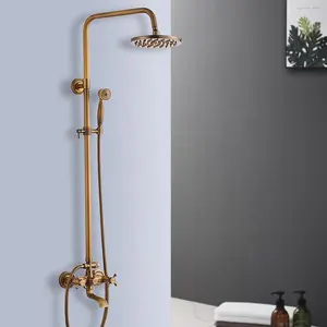 ROVATE Bathroom Wall Mounted Luxury Bronze Antique Shower Set, European Classic Home Bathroom Faucet Valve Shower Column Set