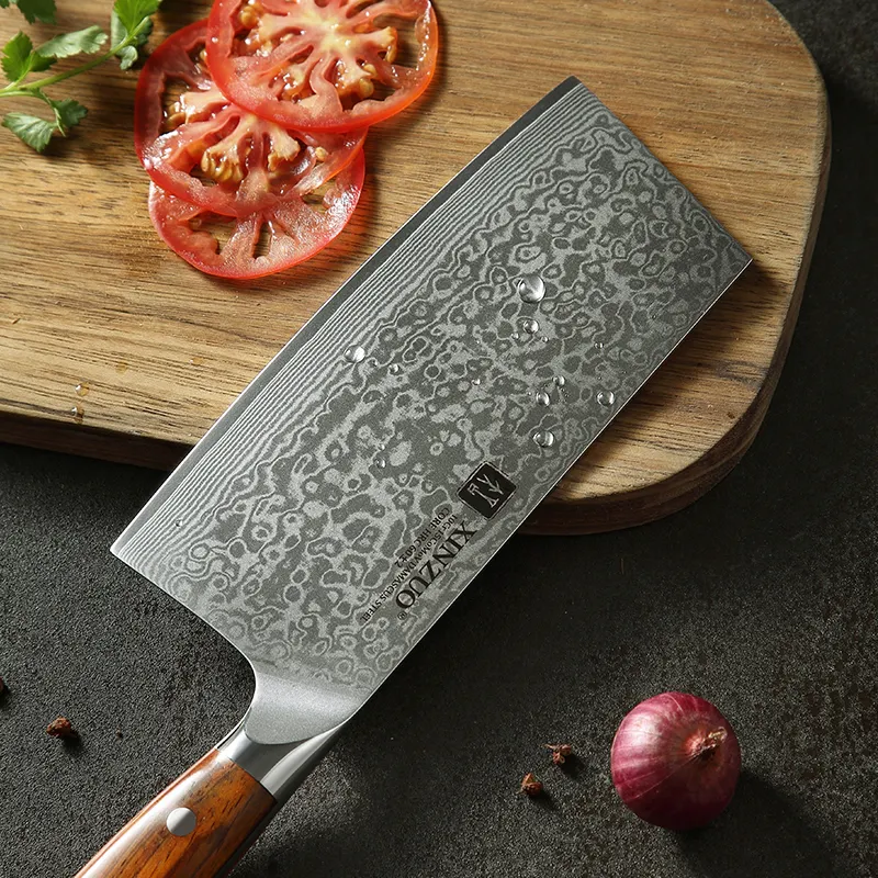 高品質のローズウッドハンドルキッチン付き7 "ダマスカス鋼クリーバーナイフ中国の野菜ナイフ
