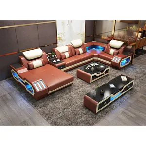 Desain Modern Set Sofa Kulit Asli, Furnitur Ruang Tamu Bentuk U Bagian Sofa