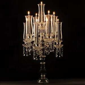 Candelabros de cristal dourado 9 braços feitos de ouro com vidro longos hurricanes