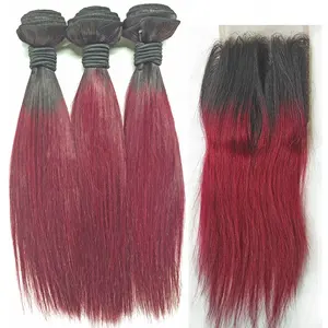 Grosir Jalinan Rambut Ombre Lurus Virgin Murah # 1B/99J Bundel Rambut Manusia Ombre dengan Penutup Renda